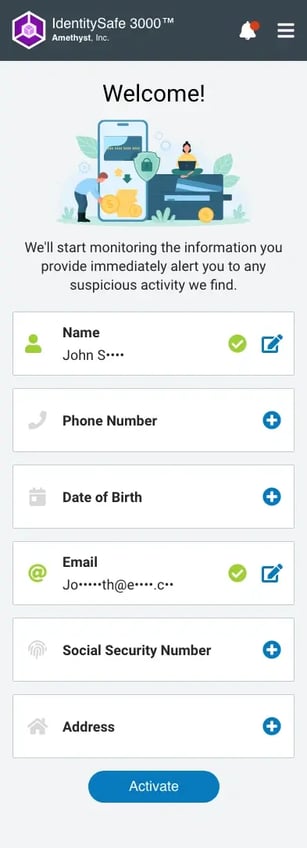 Sample mobile app mockup showing a “Welcome” screen collecting customer information to be monitored, including name, phone number, date of birth, email address, Social Security number, and street address.