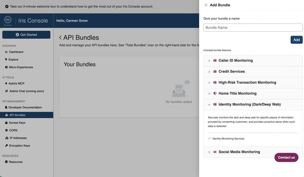 Iris Console API Bundles page with the Add Bundle panel open, showing selectable API solutions, including Caller ID Monitoring, Credit Services, High-Risk Transaction Monitoring, Home Title Monitoring, and Identity Monitoring (Dark/Deep Web).