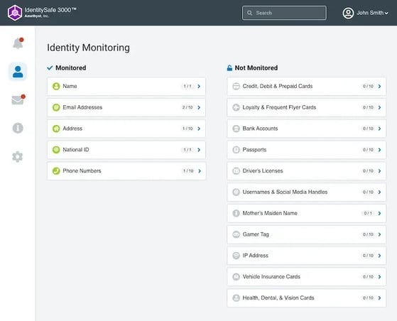 Sample desktop software mockup showing screen to manage monitored personal information