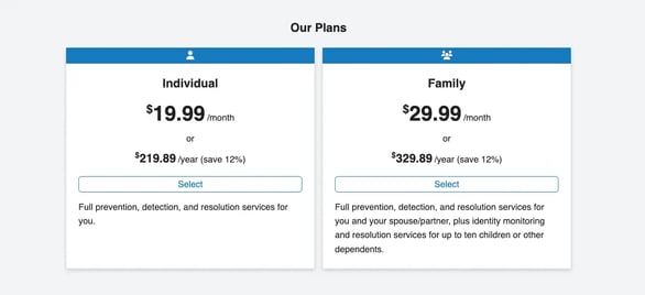 Iris OnWatch web portal enrollment screen showing two paid subscription options, Individual, and Family