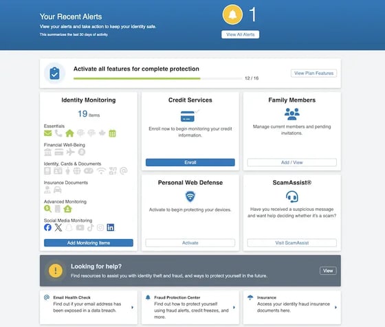 Sample Iris web portal dashboard showing grid of feature tiles including Identity Monitoring, Credit Services, Family Members, Personal Web Defense, ScamAssist, and more on desktop