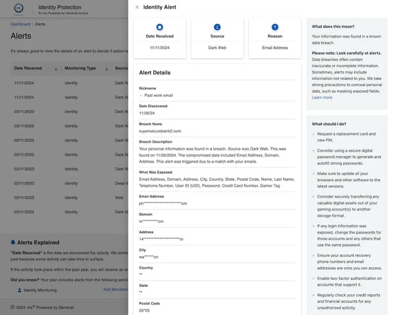 Sample portal dark web alert (overlaid over customer’s list of all alerts), containing alert details like date, source, breach description, exposed fields masked with *s, and sections What does this mean? and What should I do?