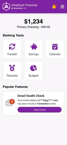 Sample mobile banking app mockup showing standard features such as “Transfer” and “Rewards,” followed by separate tile labeled “Email Health Check: Your email address J****h@g****.com has been found in 4 breaches online” with button “Take Action”