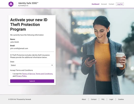 Iris portal webpage in imaginary client branding Amethyst, Inc, form header Activate your new ID Theft Protection Program, listing customer info already collected, requesting additional info plus Terms and Conditions checkbox, with button Submit