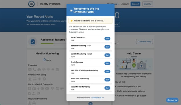 Iris Portal guided tour welcome screen listing seven self-guided tours, including Portal Orientation, Identity Monitoring, Credit Services, High-Risk Transaction Monitoring, Home Title Monitoring, and Social Media Monitoring.