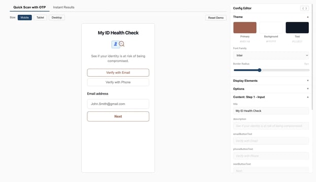 Screenshot of Iris Micro-Experiences configuration, showing ID Health Check solution configured for a mobile screen, showing editable theme colors, title and subtitle text, and other elements. 