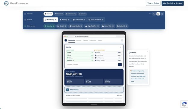 Iris Micro-Experience demo with the Financial industry selected, showing an Identity Monitoring component embedded in a sample banking app in tablet view.