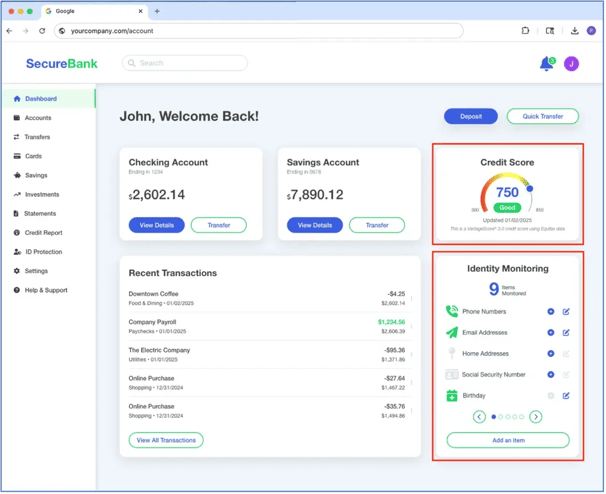 Mockup showing a fictional online banking desktop experience with self-contained rectangular widgets “Credit Score” and “Identity Monitoring” outlined, indicating features powered by Iris embedded among the remaining functionality built and owned by the bank, such as checking and savings accounts, recent transactions, and left-hand navigation. 