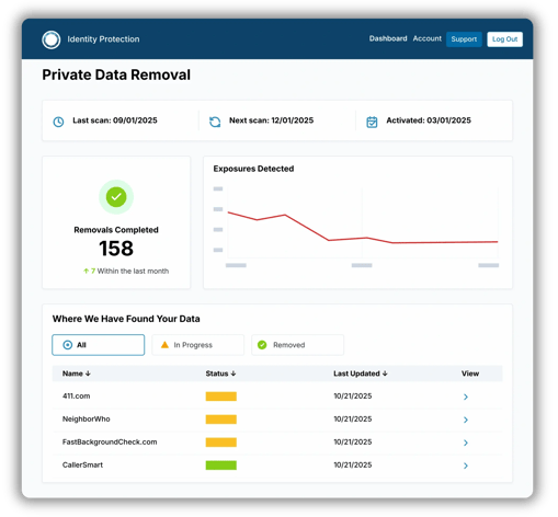 Private Data Removal Dashboard with Glow Shadow
