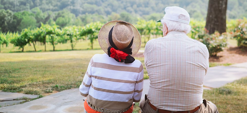 Senior couple looking out into a field