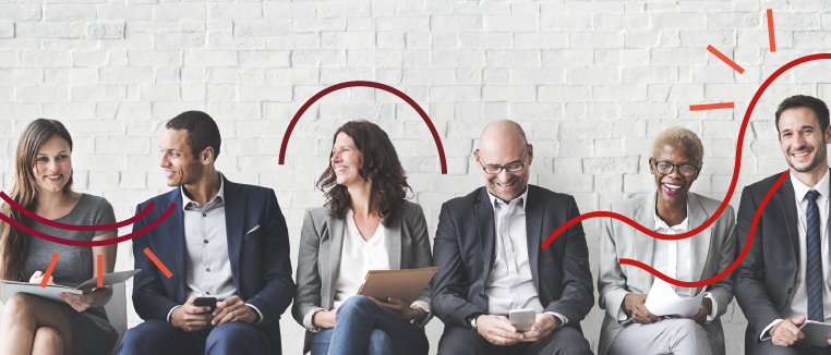 group of business colleagues sitting in a row laughing with quirky line drawings