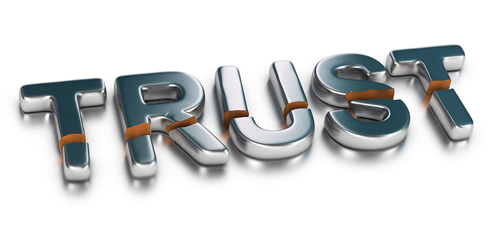 The word "trust" laid out and broken in half