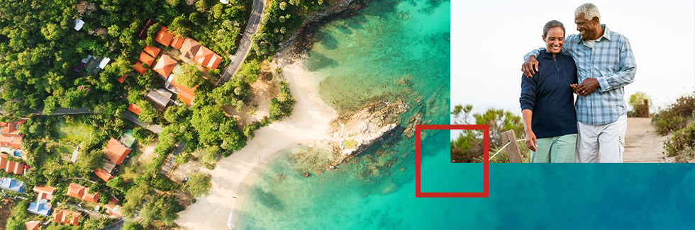 Arial shot of a beach with an overlay of an older couple walking along the beach