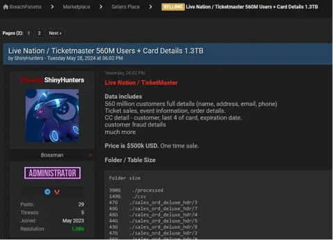 ShinyHunters Screenshot of Ticketmaster Dataset